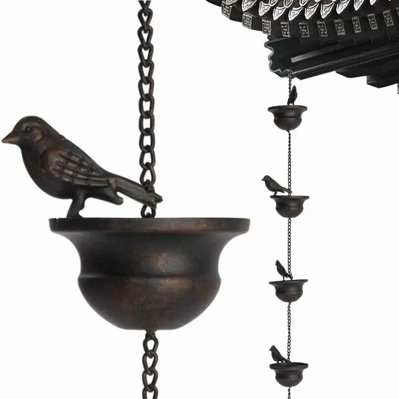 Retro Birds On Cups Metal Rain Chain Rain Catcher For Gutter Roof Decoration Metal Drainage Rain Chain Downspout Tool