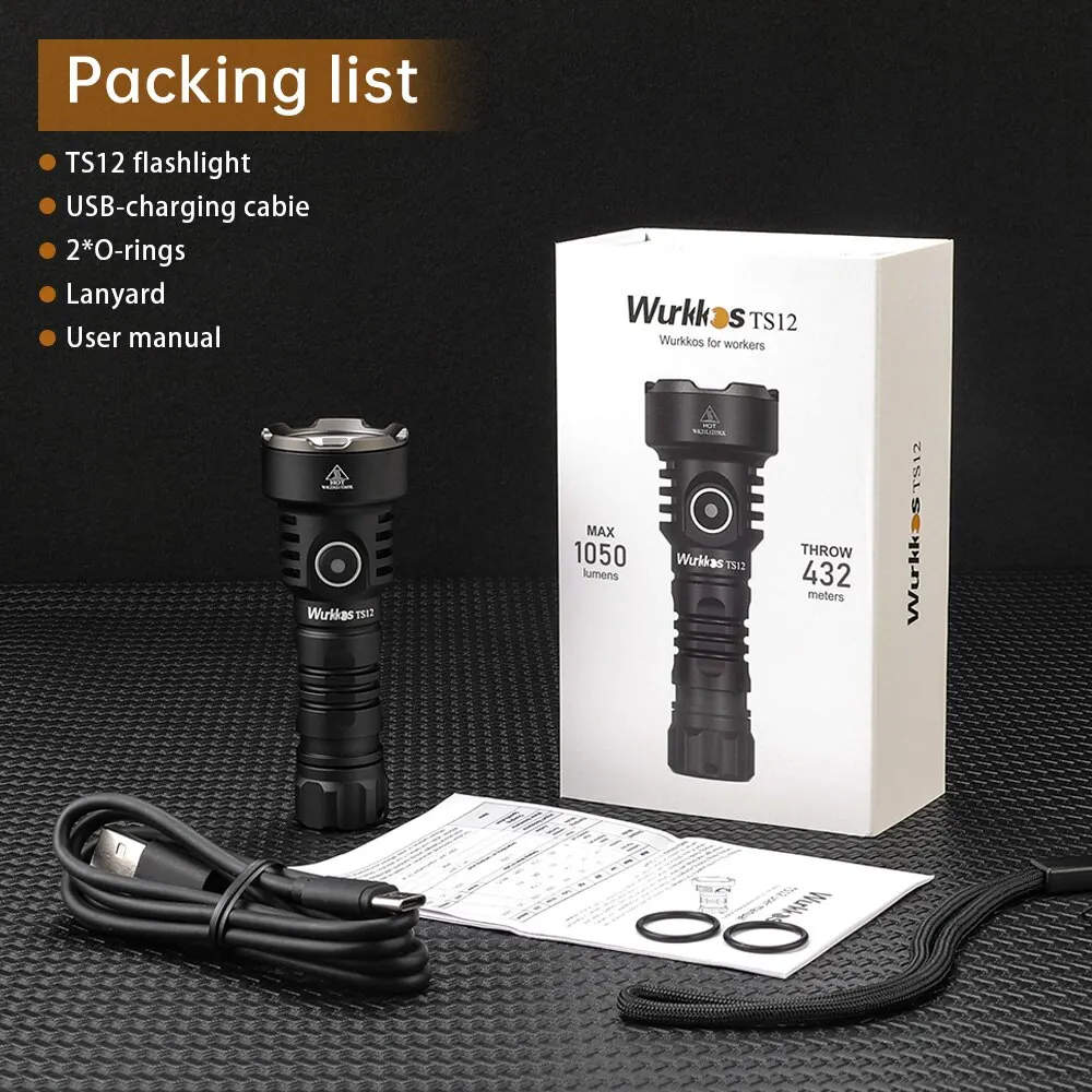 Wurkkos TS12 Mini EDC Flashlight 1050lm 432Meters Powerful Rechargeable Light with Bezel Waterproof IP68 Self Defense Torch