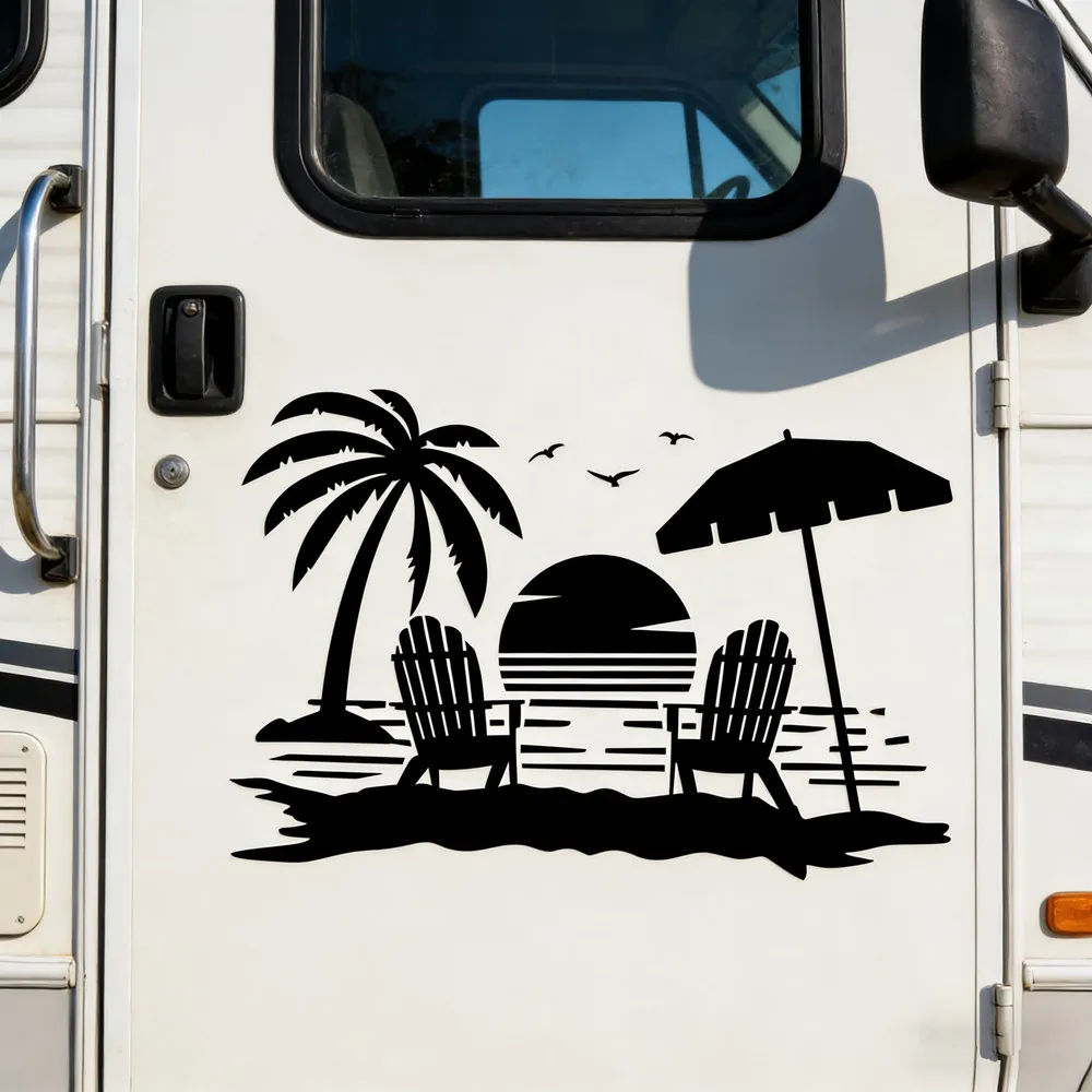 Palm Tree And Beach Camping Wall Sticker For Camper Van SUV Motorhome Decoration Caravan RV Decor Decal Accessories Car Sticker