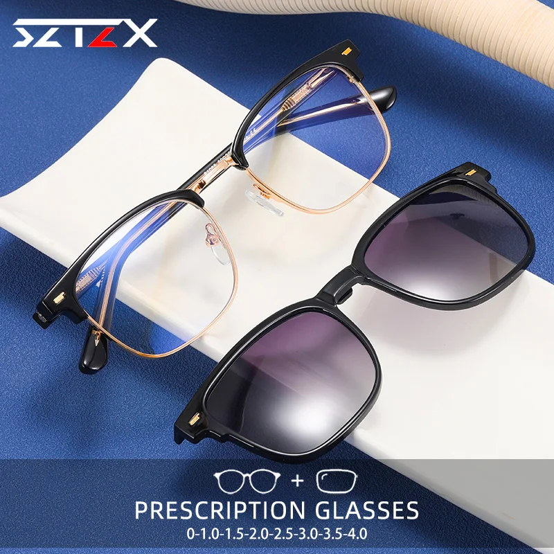 

SZTZX 2 In 1 Classic Magnet Clip On Hyperopia Reading Glasses Men Anti-Blue Light Myopic Prescription With Polarized Sunglasses