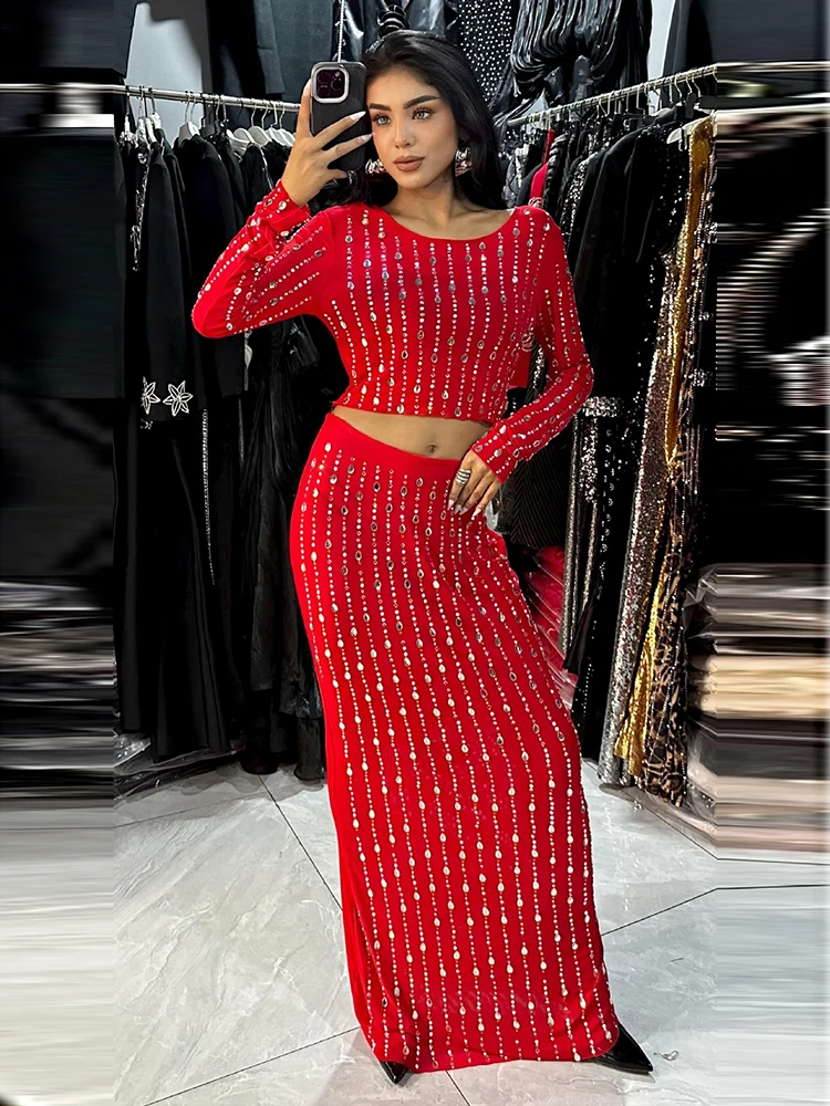 

Women Diamonds Skirt Two Piece Set Sexy Long Sleeves Crystal Short Top + Long Bandage Skirt Suits Evening Party Cocktail Sets