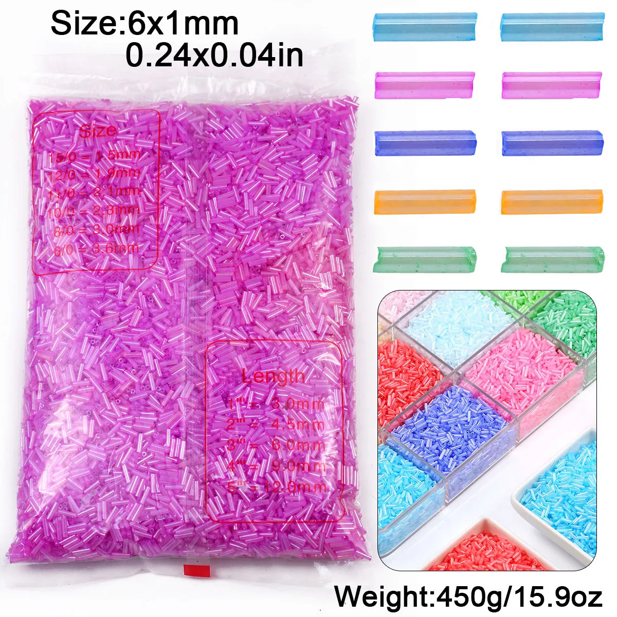 6×1mm quadratische Kristallröhrenperlen, mehrfarbig, 450 g, ganze Packung, lose Perlen für Schmuckherstellung, Armbänder, Ohrringe, DIY-Zubehör – Detail 1