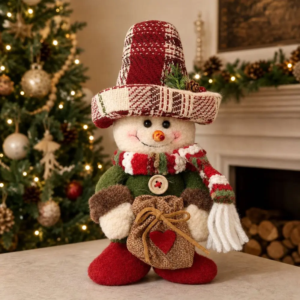 Plaid Pattern Snowman Christmas Decoration Lightweight Reusable Standing Snowman Doll Standing Holiday Snowman Figurine