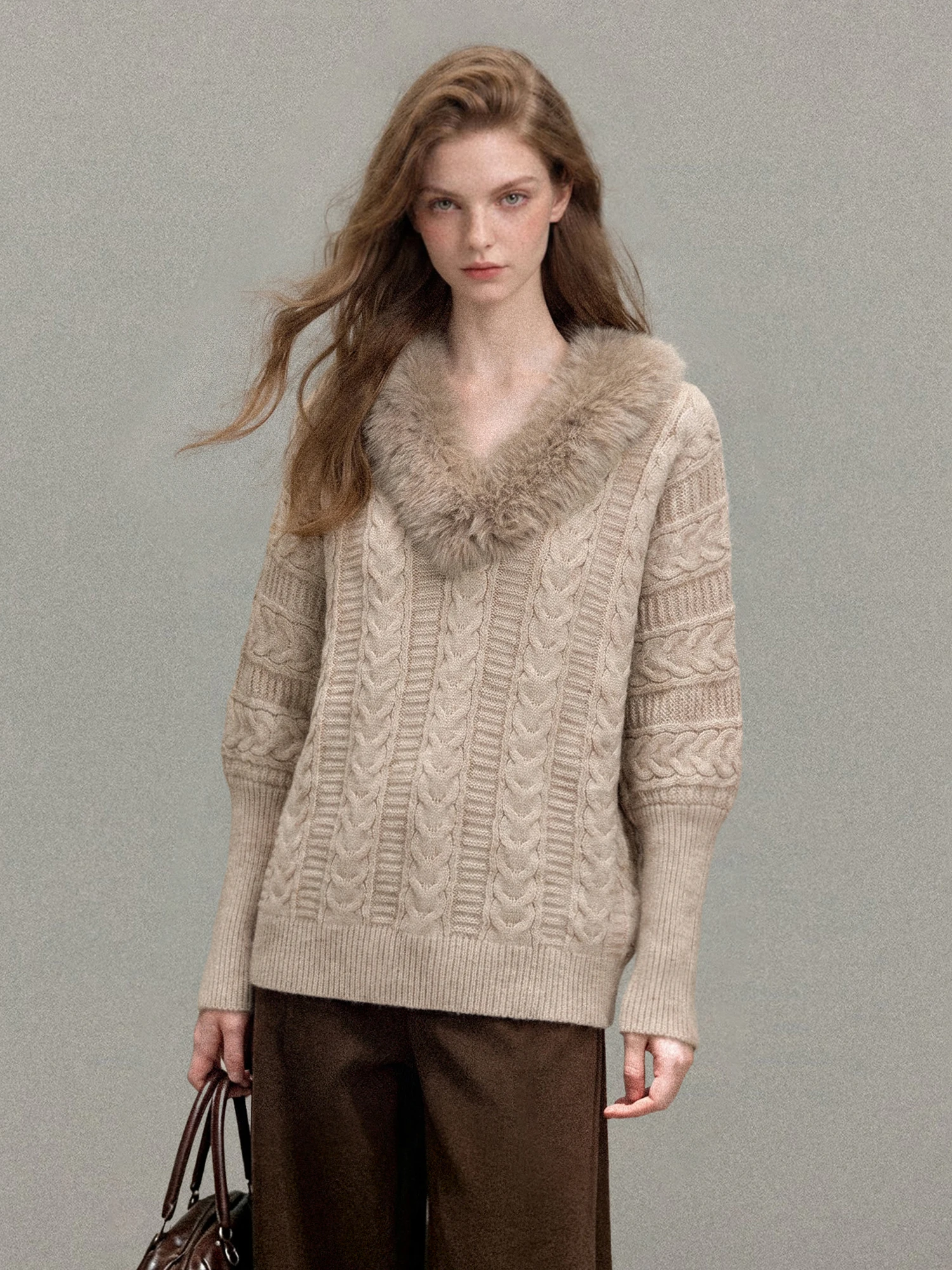 Caramel V-Neck Knitted Sweater with Fur Collar Loose Batwing Sleeve Women's Autumn Winter Casual Style Inner Shirt Top