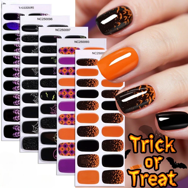 

20 наконечников, полузатвердывающиеся гелевые обертывания для ногтей на Хэллоуин, полное покрытие, готические гелевые наклейки для ногтей, долговечные гелевые наклейки для маникюра, украшения