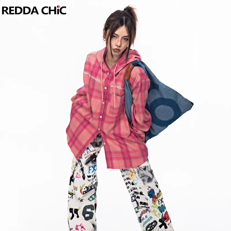 

REDDACHiC Y2k Hooded Long Sleeves Casual Shirt Women Aesthetic Pink 90s Retro Plaid Blouse Top Loose Suncreen Cardigan Workwear