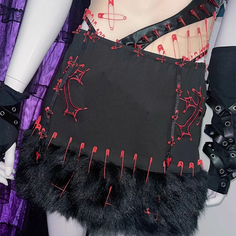 European American Design Punk Sexy Hollow Out Women's Jumpsuit Gothic Dark Hairy Edge Embroidered Skirt Two-Piece Set Ladies