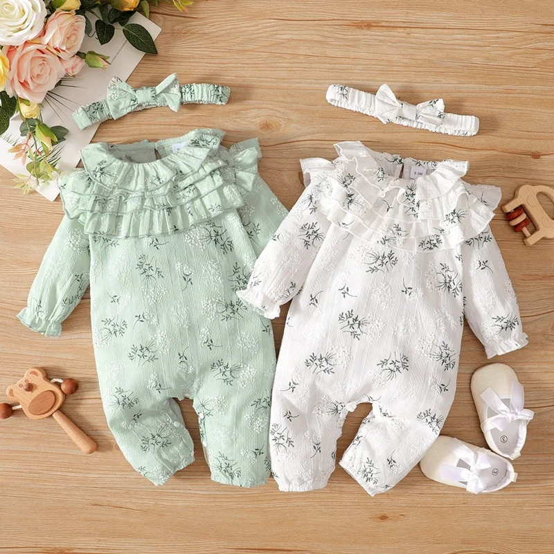 

Newborn Baby Girl Spring and Autumn Bodysuit Floral Print Long Sleeve Romper with Headband Onesie Clothes for Infant 0-18 Months