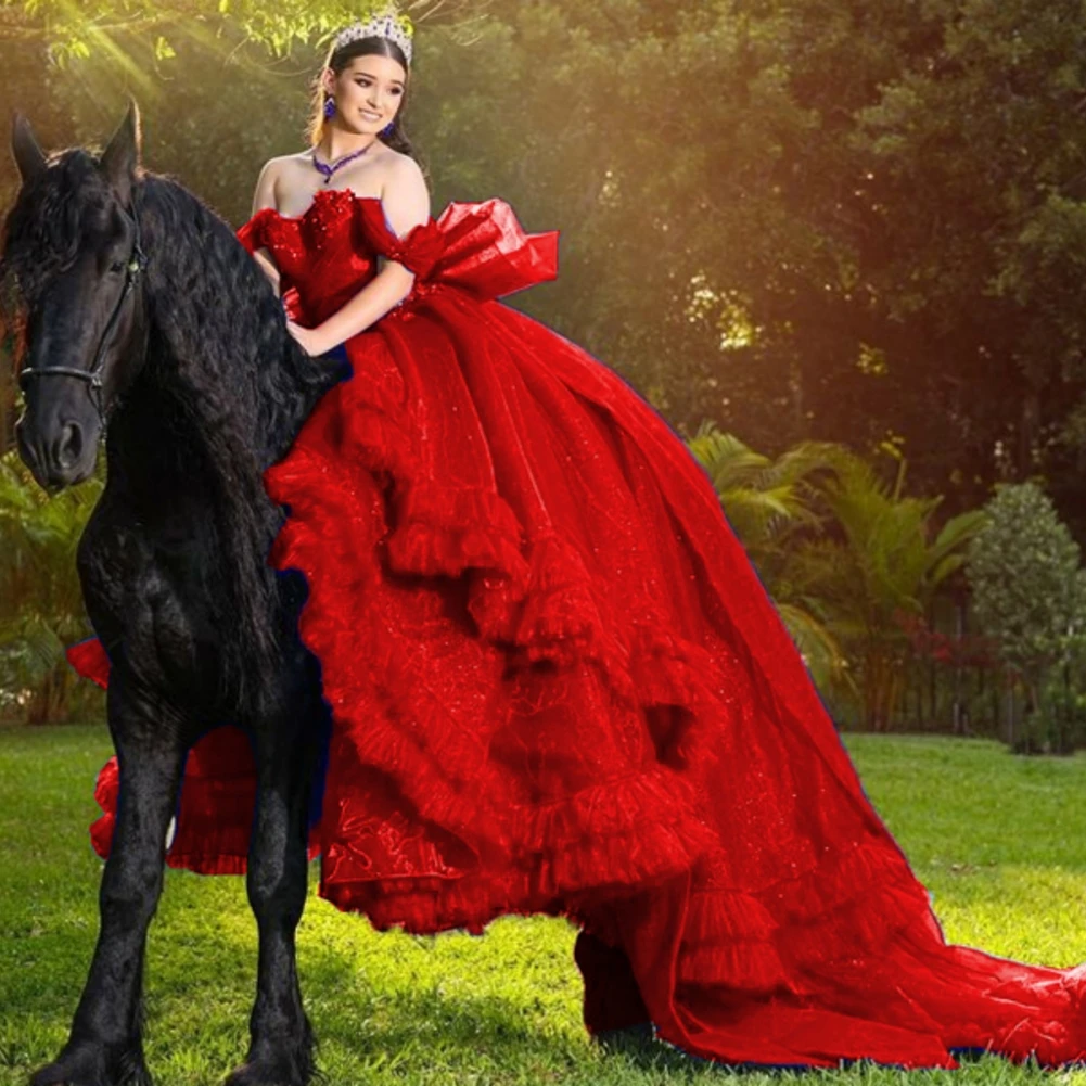 Robe de Quinceanera en tulle perlé à volants, robe Sweet 16 avec grand nœud, chérie à plusieurs niveaux, robe de soirée de Rh