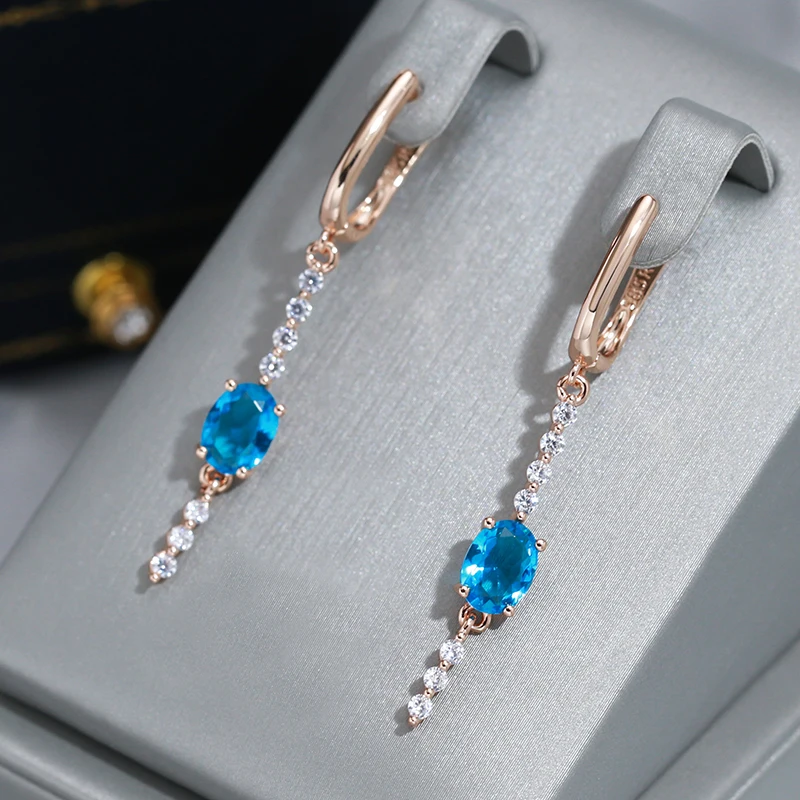 Wbmqda 럭셔리 태슬 롱 드롭 귀걸이, 로즈 골드 컬러, 블루 스톤, 빈티지 지르콘 쥬얼리 액세서리, 585