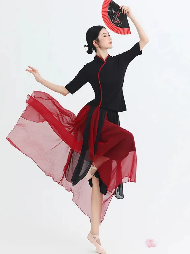 

Elegant Mandarin Collar Ballet Costume with Sheer Mesh Skirt – Mid Sleeve Top and Tulle Skirt Dancewear for Stage Performance