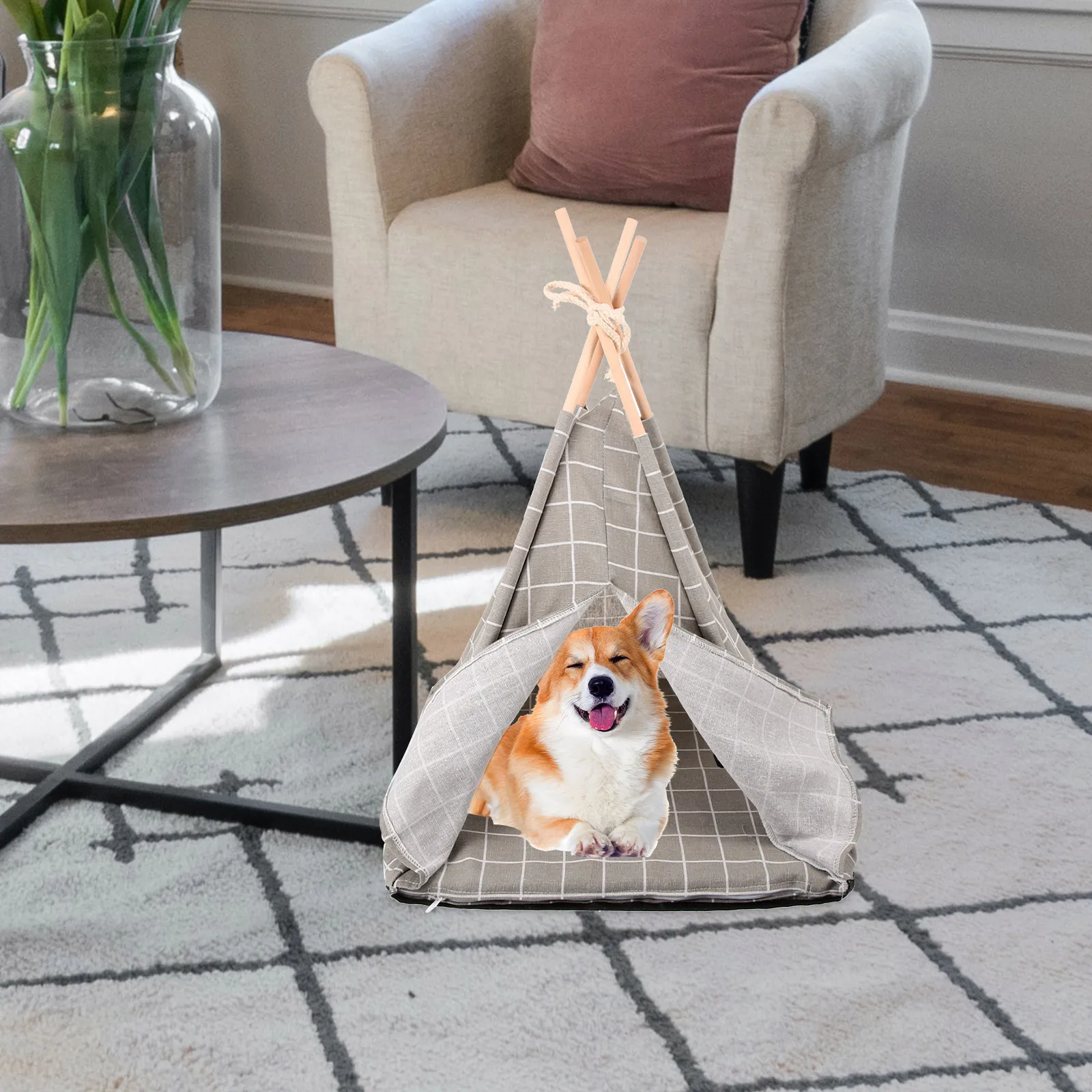Tente pour animaux de compagnie, lit lavable pour chat et chien, petit nid à carreaux gris pour intérieur et extérieur, tissu confortable, rangement Durable, sécurité, 43x43x53cm
