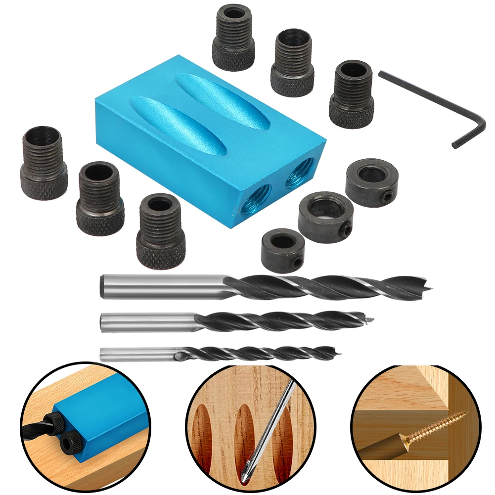 

Pocket Hole Jig Kit 15 Degree Woodworking Inclined Hole Jig with6/8/10mm Sleeve for Woodworking Angle Drilling Holes Locator Jig