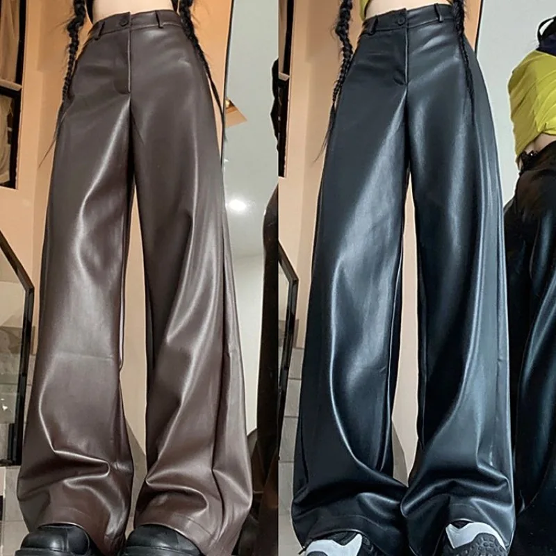 

2024 Autumn American Retro Casual Leather Pants Women's Korean Edition High Waist Skinny Wide Leg Pants Floor Pants