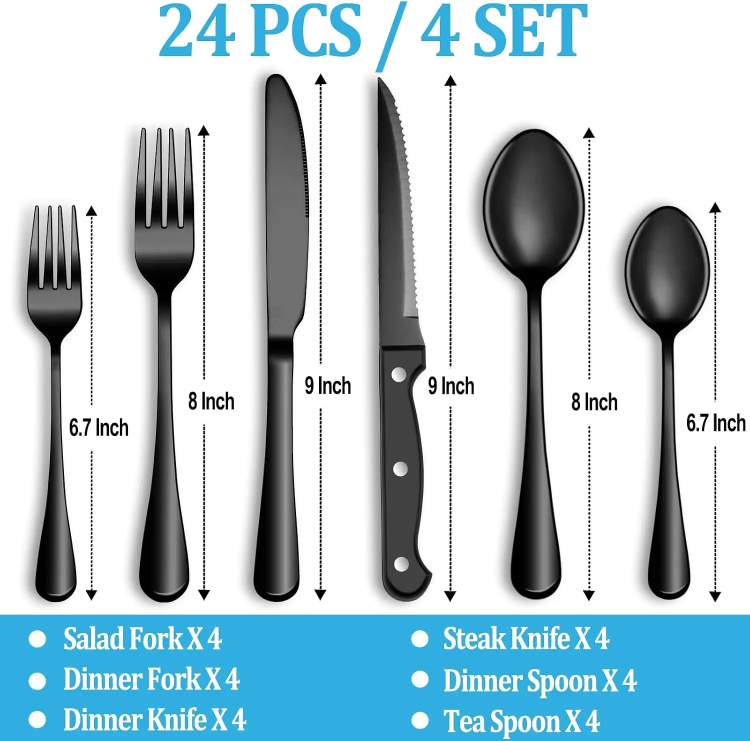 24/48 Pcs Black Silverware Set with Steak Knives, Stainless Steel Flatware Cutlery Set for 4, Kitchen Tableware Sets, Utensil Sets for Home and Restaurant, Dishwasher Safe