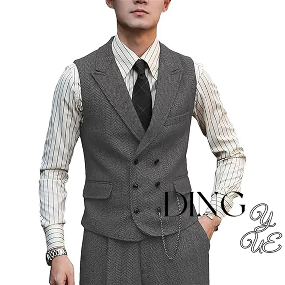 Men Vests Wool Herringbone Tweed Suit Vest Double Breasted Waistcoat