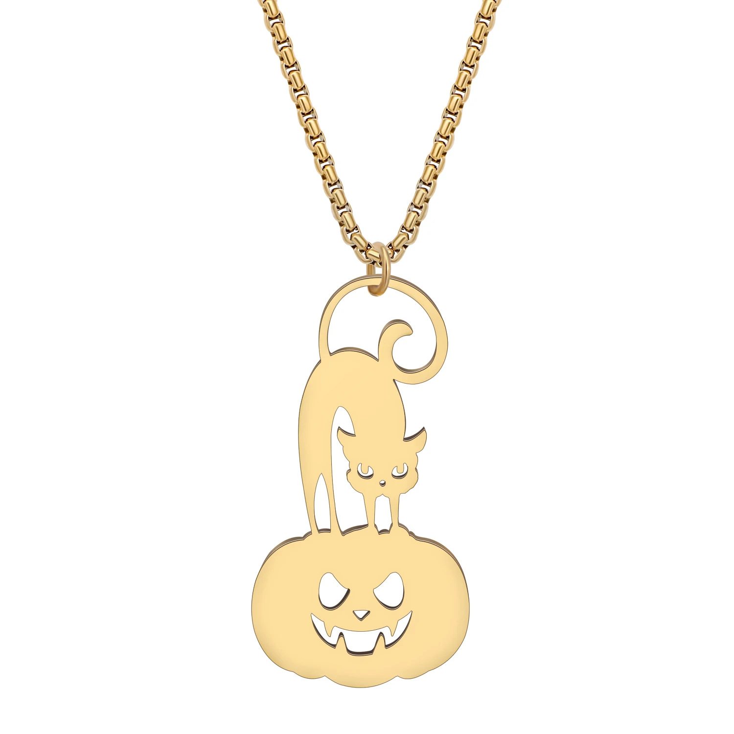 Bonsny Stainless Steel Halloween Spooky Cat Pumpkin Necklace Silver Plated Gold Kitten Pendant Jewelry For Women Girls Gift