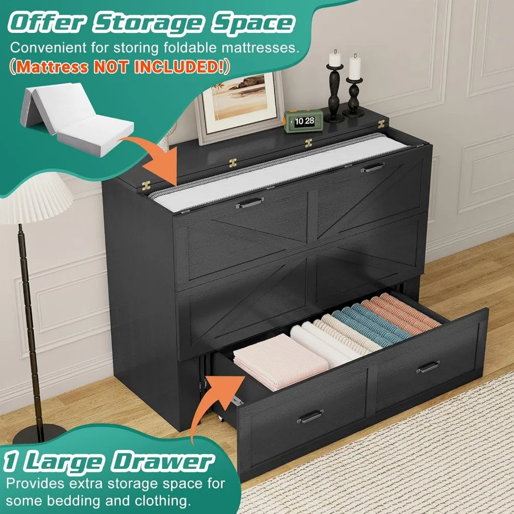 Full Size Murphy Chest Bed with Drawer and Charging Station, Farmhouse Wood Space-Saving Hidden Folding Bed Chest, Multifunction