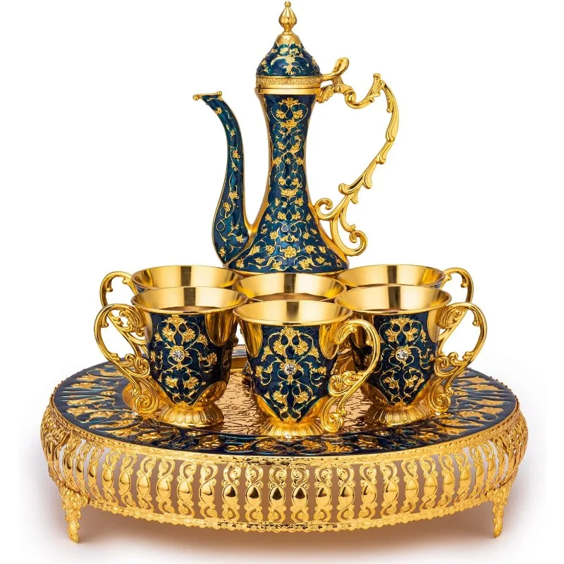 Vintage Extra Large Turkish Coffee & Tea Pot Set for 6 with Large Crystal Tray & Teapot Gold with Style Crystals