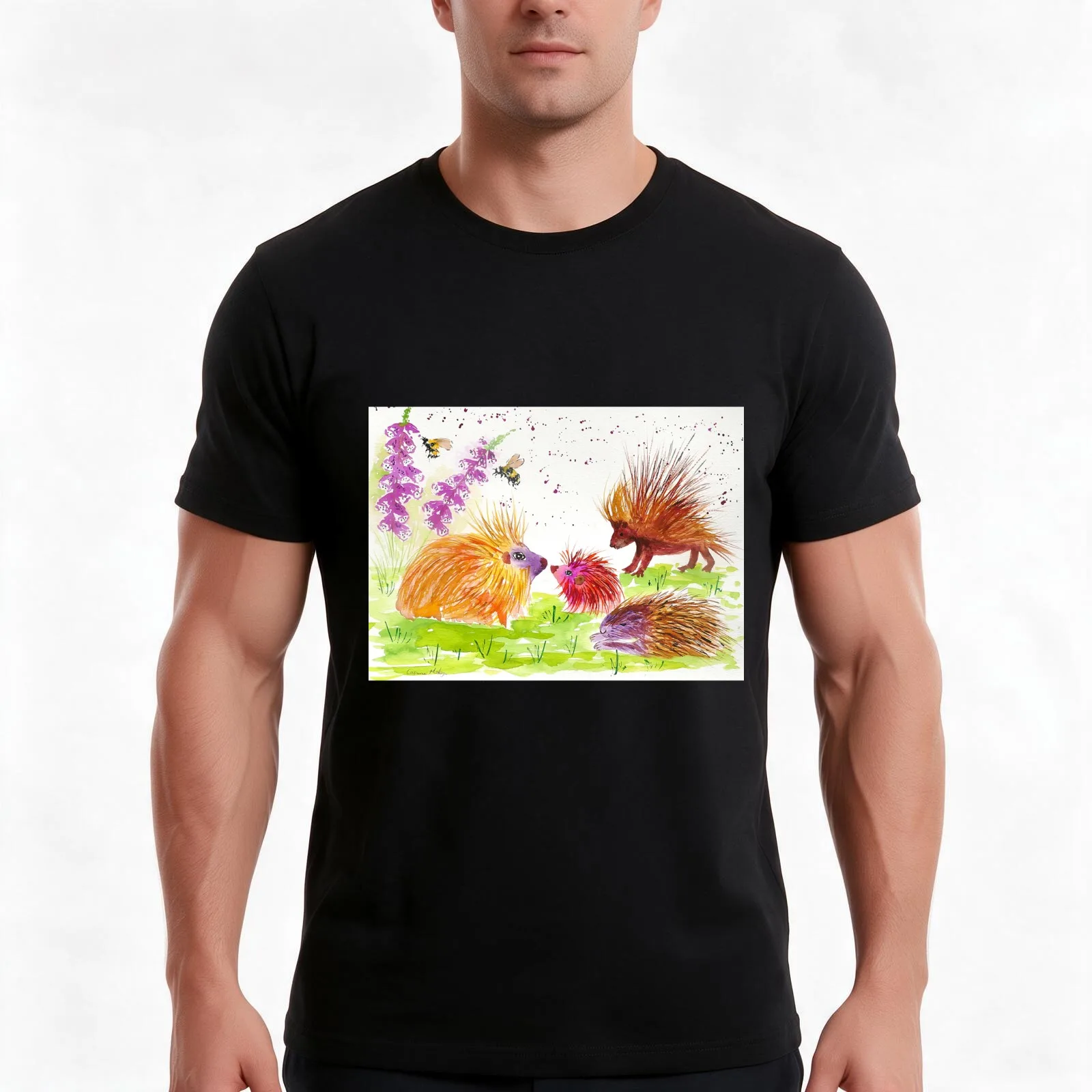 Colorful Porcupines among flowers T-Shirt Summer Casual Cotton Tee Oversized Streetwear Tops Vintage Graphic Print