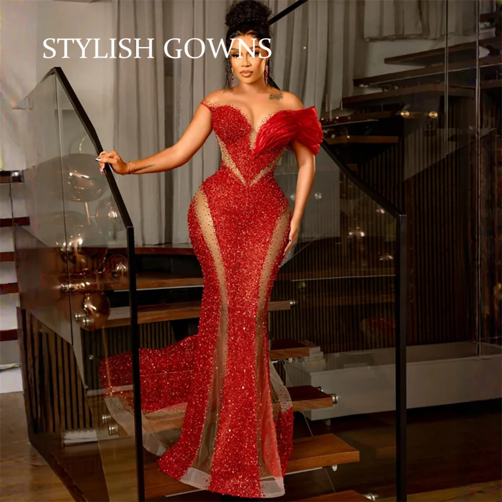 Luxury Sheer O Neck Evening Dresses For Black Girls Bead Pleats Birthday Party Gowns Mermaid Long Prom Dresses Customized