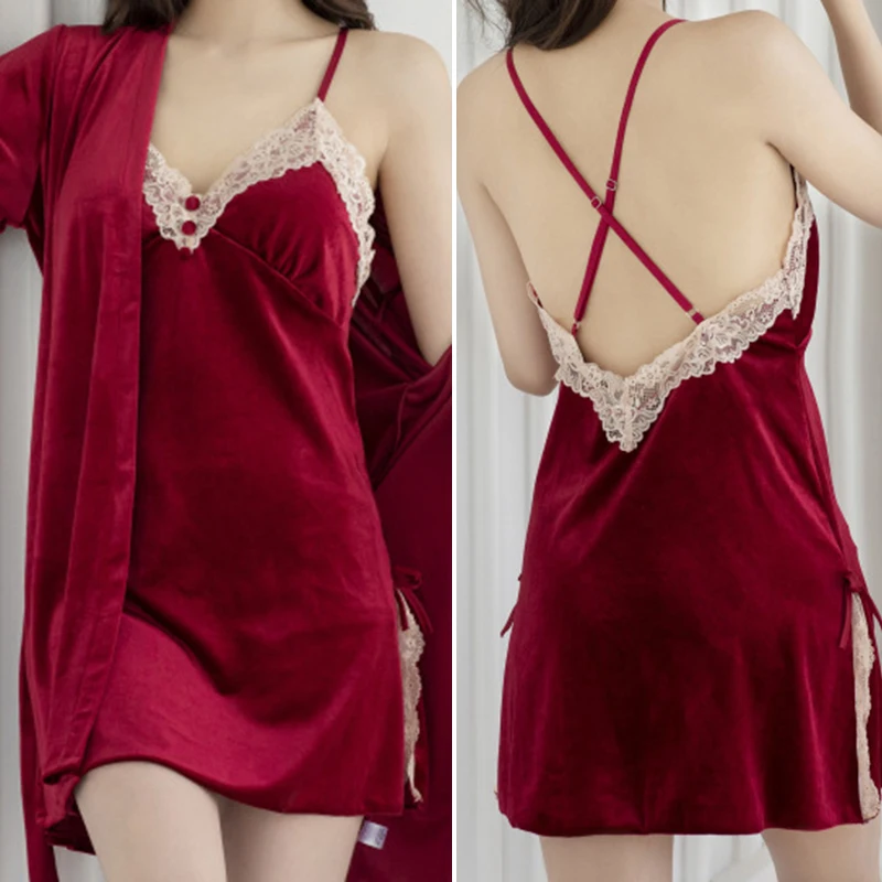 

Autumn Female 2PCS Robe Set Velvet Sleepwear Intimate Lingerie Sexy Lace Trim Nightgown Nightdress Velour Home Wear Loungewear