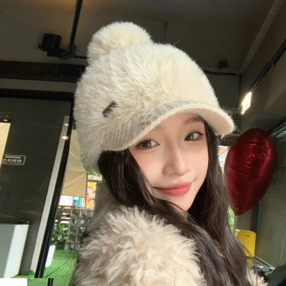 Warm Polyester Rabbit Fur Texture Hat 54cm To 60cm Head Circumference Pom Pom Knitted Hat Solid Color Peaked Cap Women