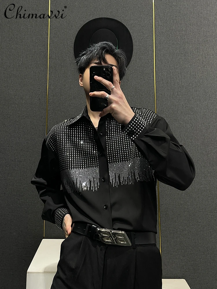 

2024 Spring Clothes New Heavy Fashion Rhinestone Shirt Men's High-End Loose Long-Sleeved Streetwear Handsome Shirt Blouse