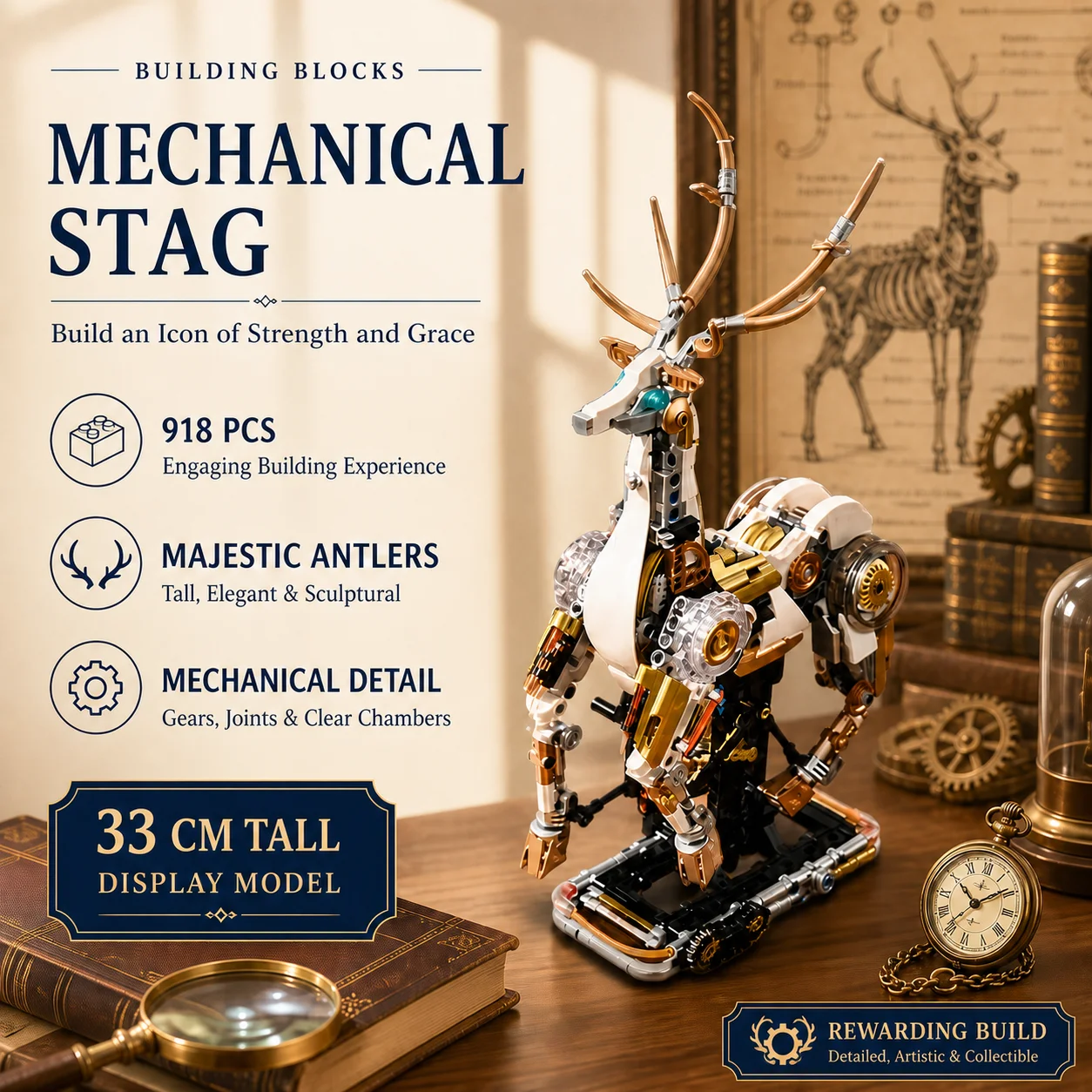 918PCS Mechanical Stag Building Blocks Set with Antlers Gears Steampunk Deer Collectible Display Model Toy Gift for Adults