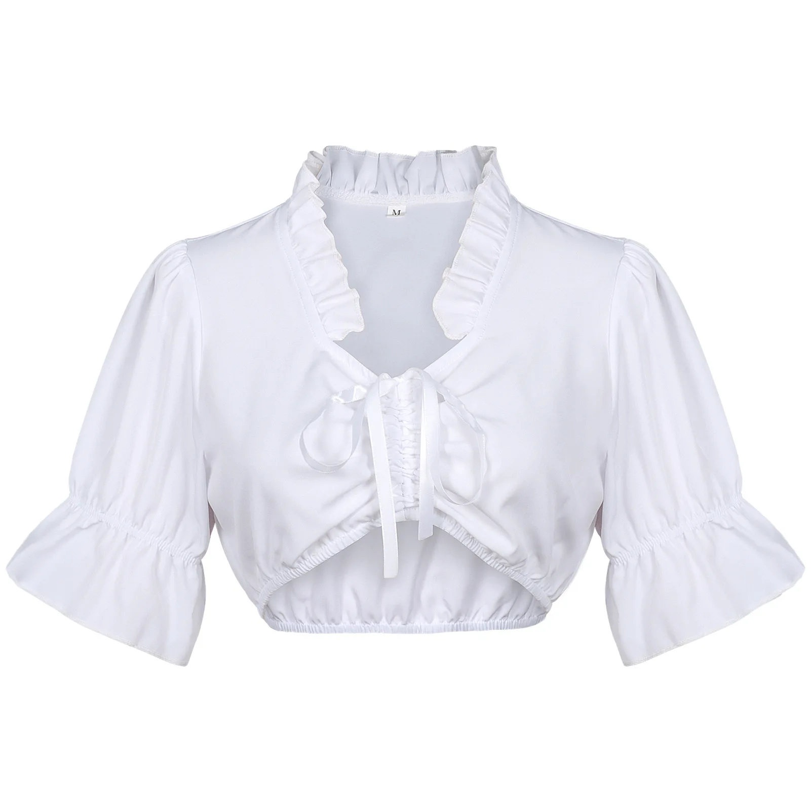 

Women Ruffled V Neck Crop Top Lace Up Puff Short Sleeve Blouse Elegant Frill Stand Collar Slim Fit Casul Y2K Streetwear Shirt