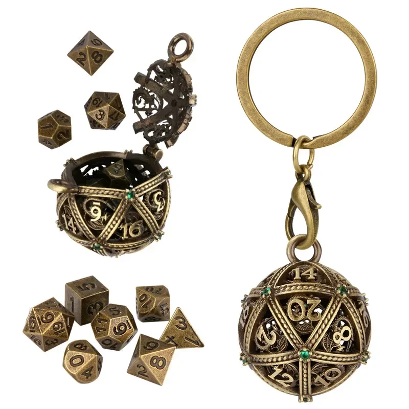 Picture 5: Antique Round D20 Case Pendant Key Ring 7pcs Mini Polyhedral Dice Set Role Play Gaming Dices Storage Case Necklace Chain Gift