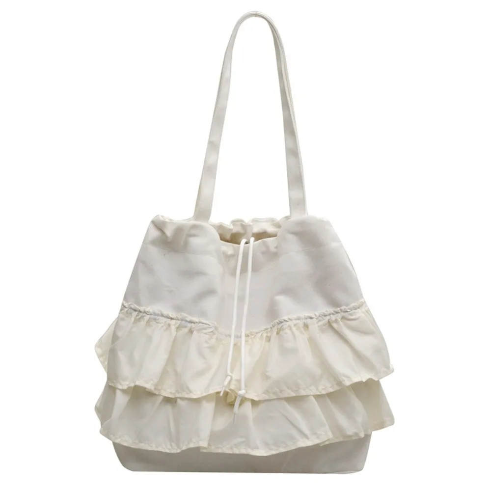 Large Capacity Canvas Tote Bag Canvas Material Pleated Skirt Edge Shoulder Bag Drawstring Design Single Shoulder Drawstring Bag