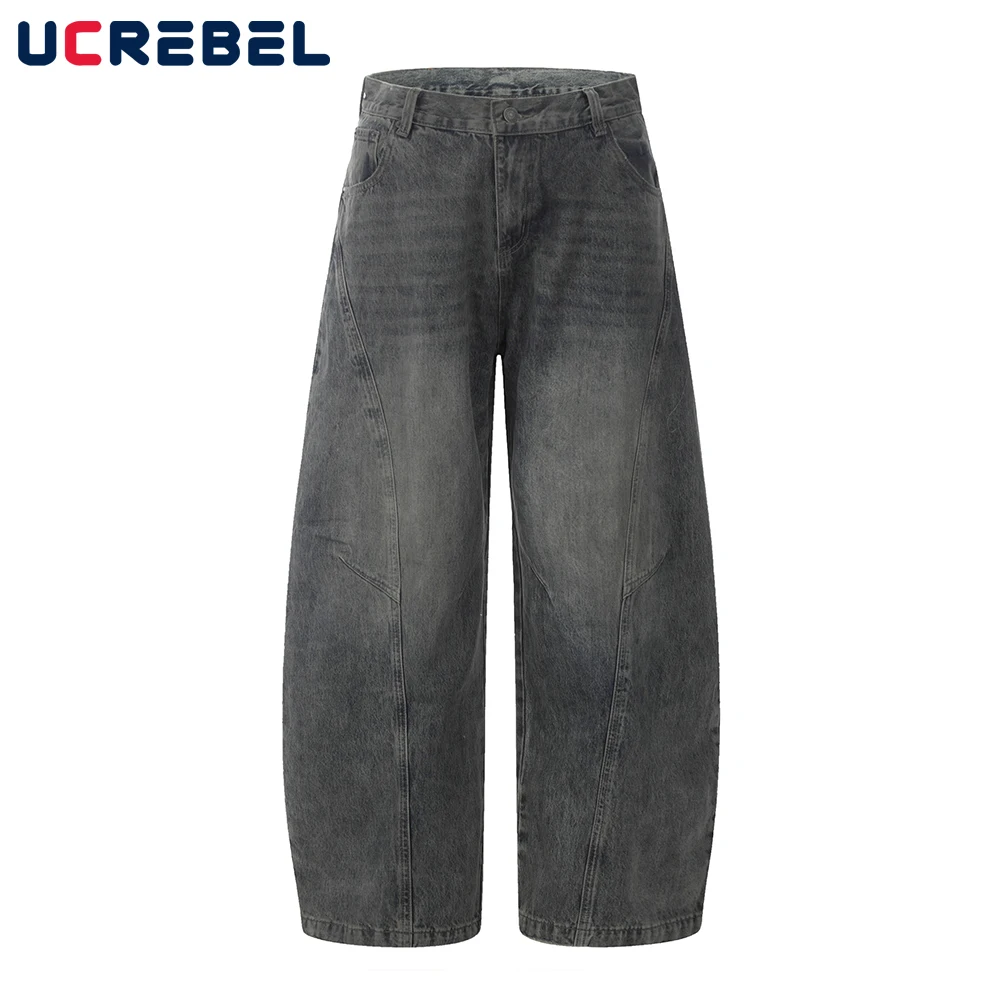 Spliced Scimitar Jeans Mens Washed Distressed Retro High Street Loose Wide Leg Denim Pants Men