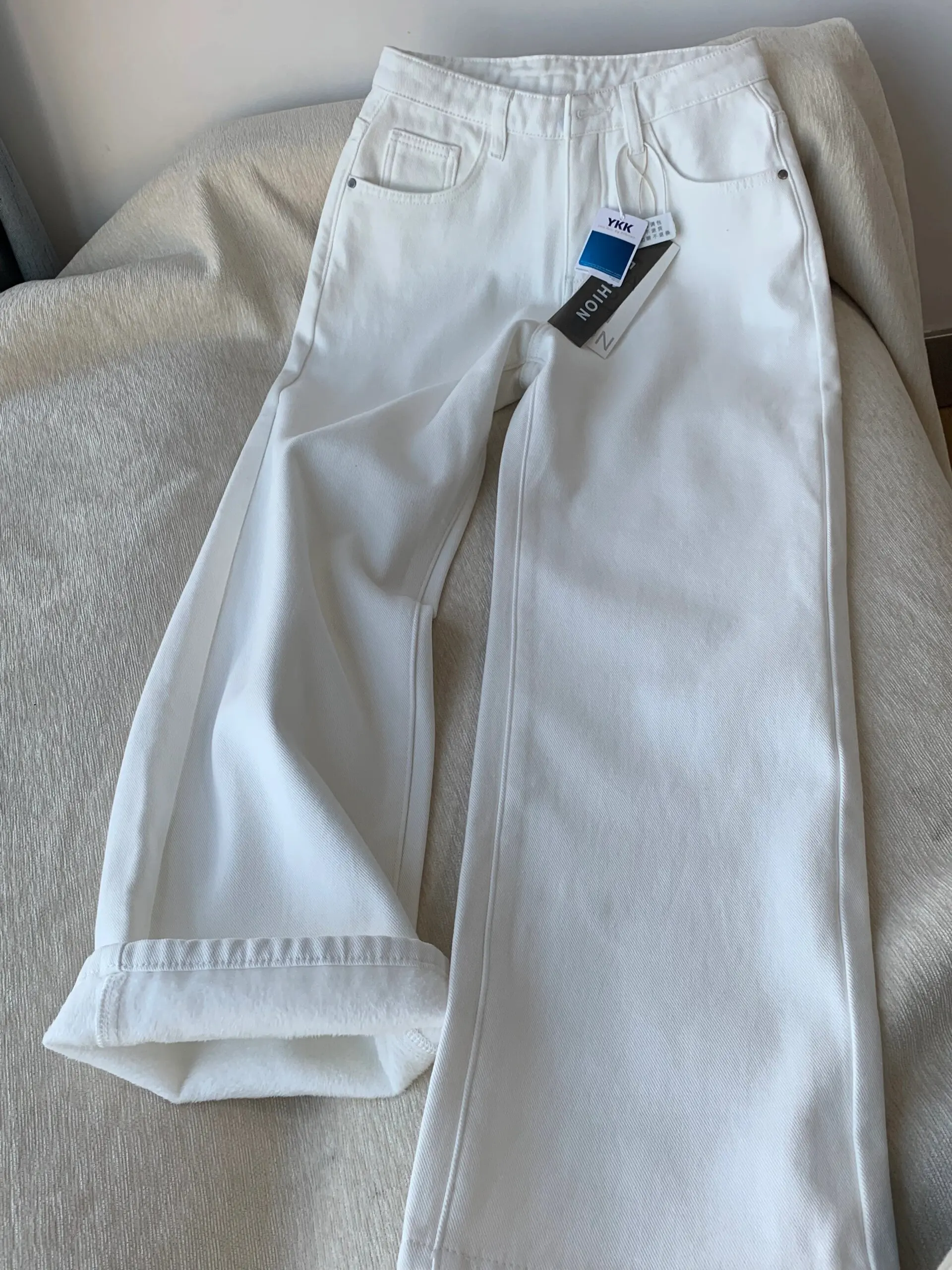 

Women's High Waist Fleece Lined White Straight Leg Jeans Autumn Winter Long Pants Slimming Drapey Floor Length Wide Leg Jeans