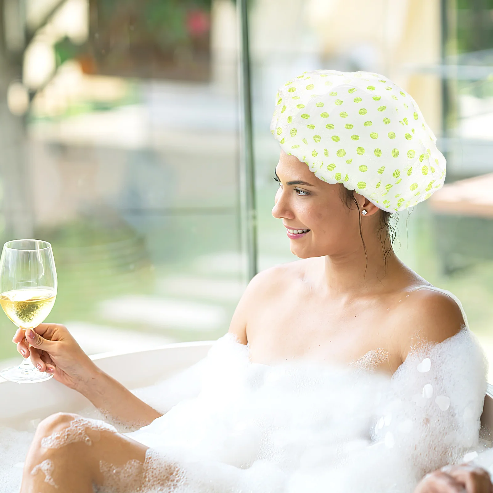 

6Pcs Waterproof Shower Caps Premium Thickened Pe Material Elastic Band Fit All Sizes Dot Pattern Reusable Bathing Hats for Women