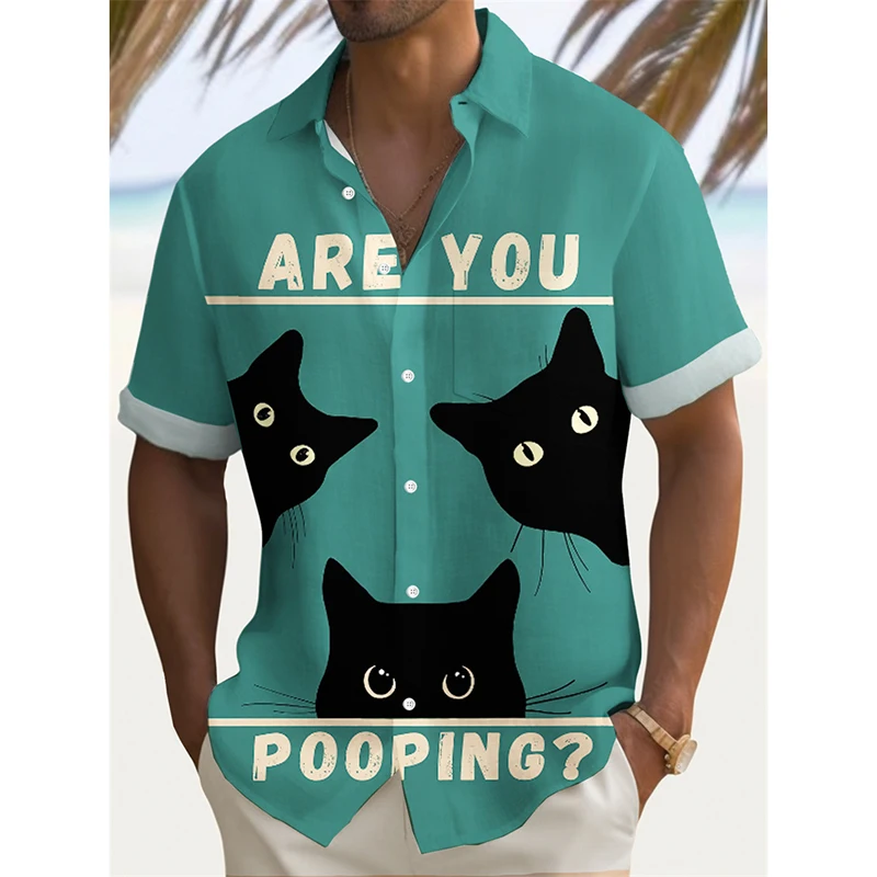 Men Summer Leisure Funny 3D Print Shirts Lapel Button Short Sleeve Street Y2k Hawaiian Shirts Cute Flamingo Cat Duck Graphic Top