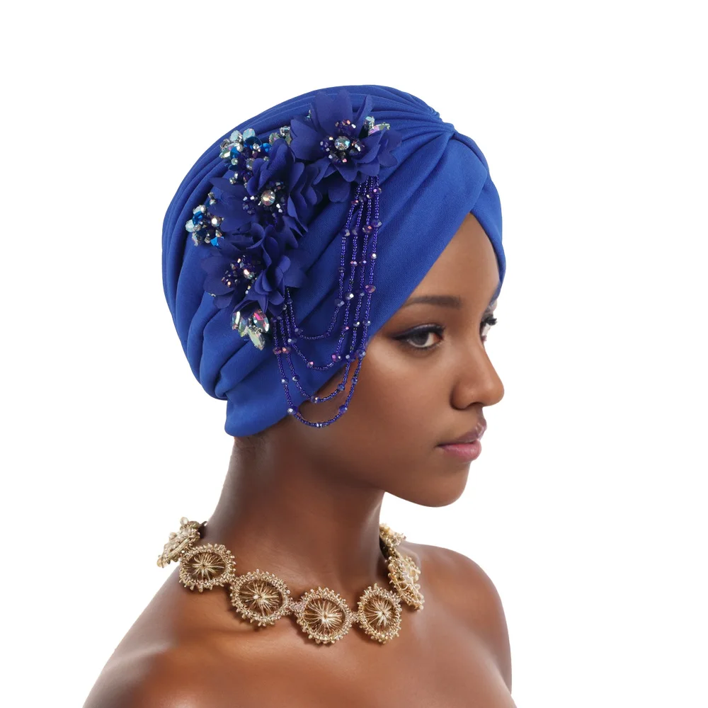 

Модная шапка-тюрбан с цветочной кисточкой и бусинами для женщин, мусульманский хиджаб, капот, платок, шапочки, повязка на голову, африканская шапка Auto Gele, головной убор