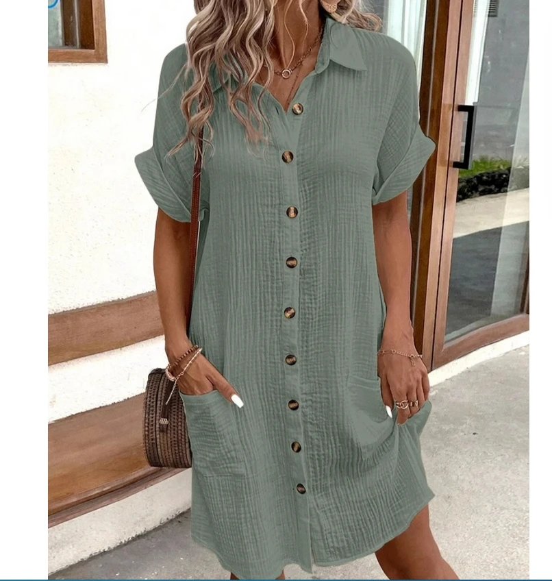Kraag enkele rij comfortabele onregelmatige zoom casual katoen en linnen lange casual overhemdjurk lange rok met knoopsluiting en korte mouwen