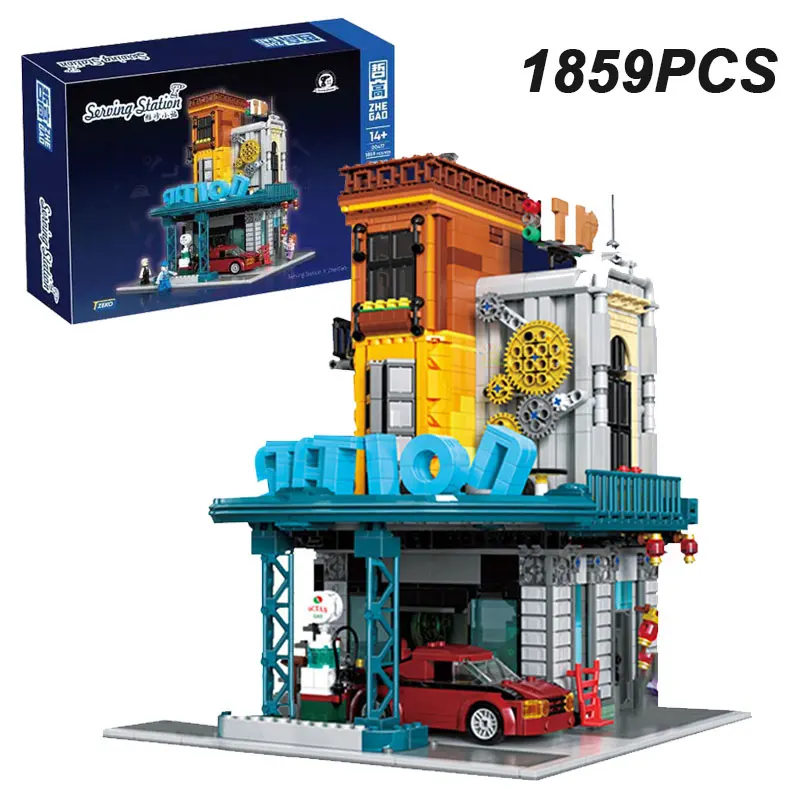 

1859PCS Vintage Service Station Building Blocks Retro Gas Station Modular City Street View Construction Bricks Toy Adult Gift