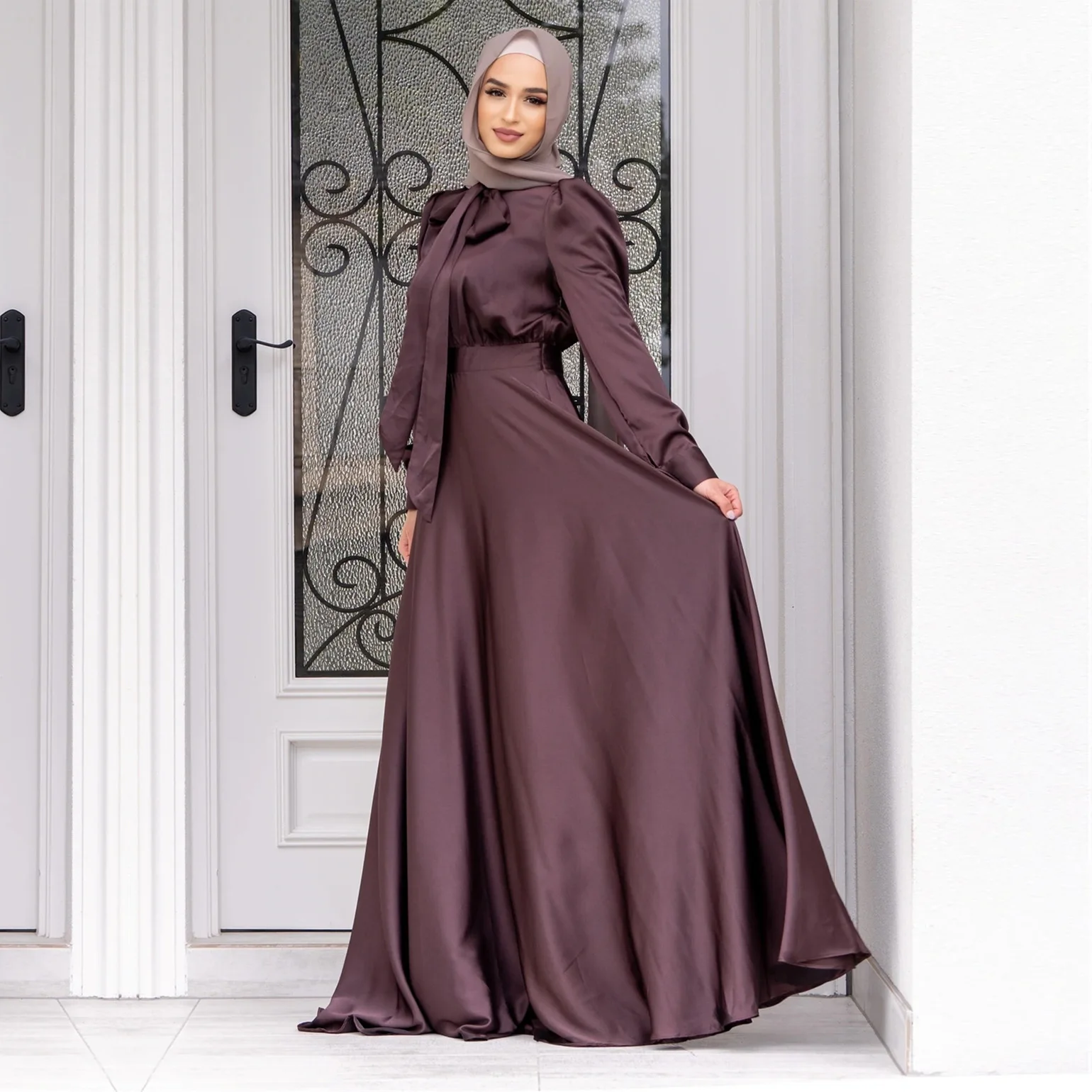 Women Satin Dress Muslim Abaya Solid Color Women Dress Long Sleeve Pullover Europe Fashion Muslim Dress Fashion Robe Vestidos