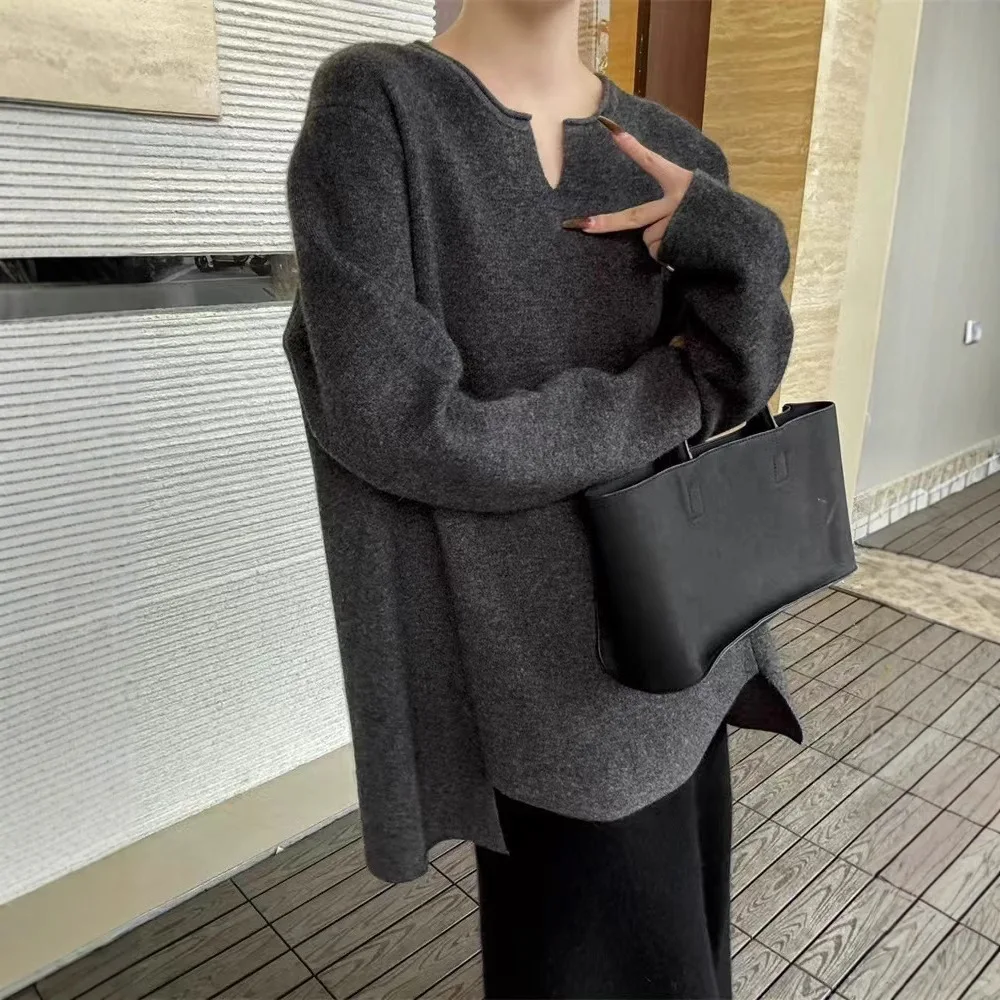 

Women Knitted Pullovers Sweaters Solid Jumpers Asymmetric V Neck Long Sleeves Slight Strech Loose Fit Casual 2025 Autumn Winter