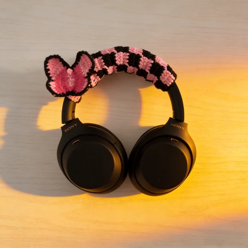 Hand Crocheted Headphone Crossbeam Protective Cover for Sony XM4/XM5 Custom Button-type Chess Grid Butterfly Headphone Cover