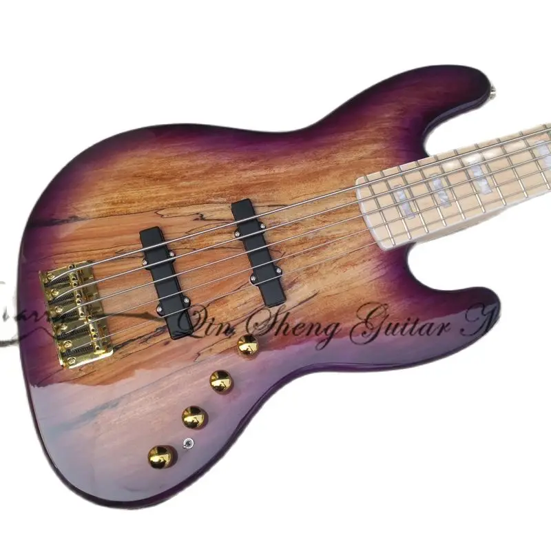 5 strings purple bass guitar jb bass fixed bridge spalted maple top gold tuners active battery maple neck