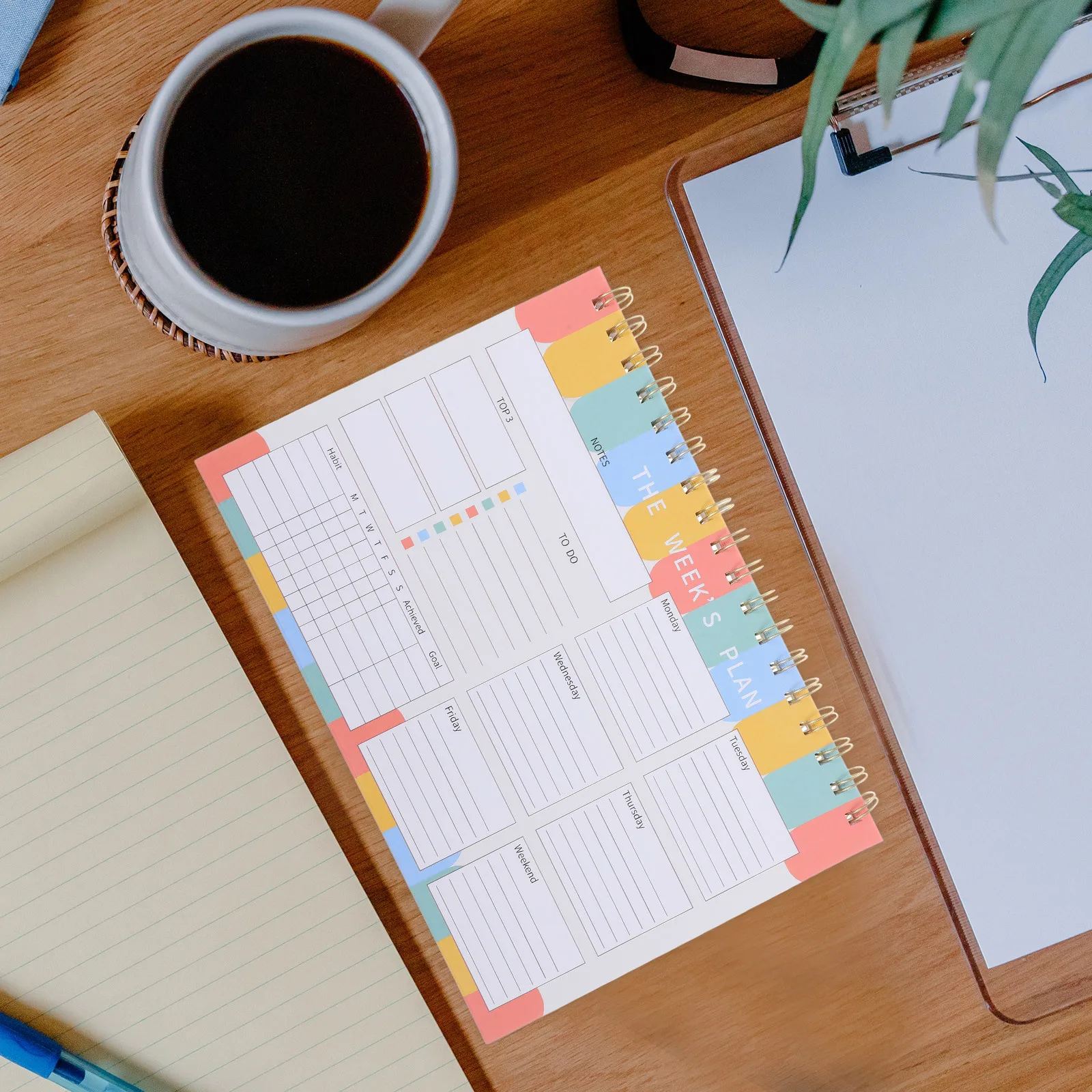 Cuaderno planificador semanal de gran tamaño, cubierta encuadernada con doble cable, páginas sin fecha, categorización de tareas, trabajo, uso escolar en el hogar