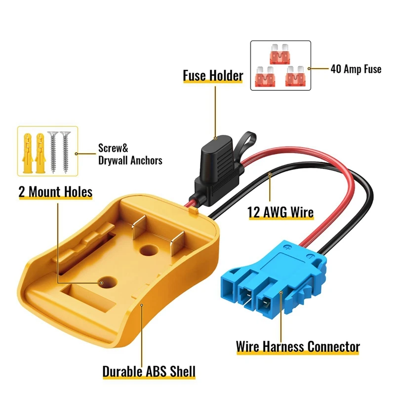 Power Wheels Adapter For Dewalt 20V Battery With Wire Harness Connector For Peg-Perego, 12AWG Wire With 40A Fuse Durable