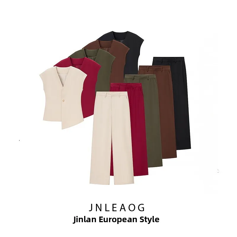 Conjunto de Plones y Ceco de Diseño de Moda para Mujer, Primavera, Nuevo, Estilo Informal, Cuello en V, Botones, Color...