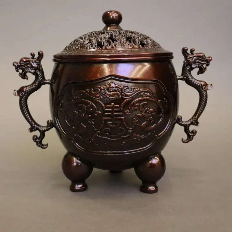 incense holder design incense burner tripod dragon handle metal craft brass  curving hollow lid antique censer