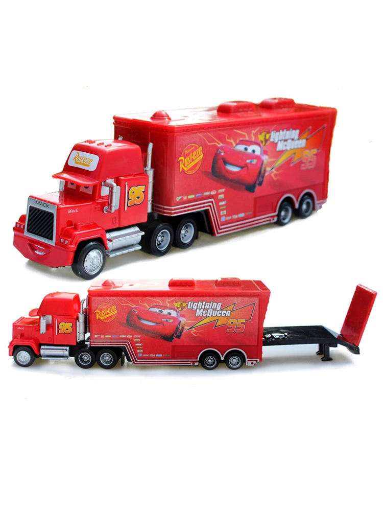 Samochód zabawkowy typu „toy hauler” – Jackson Storm, Lightning McQueen, Murray Clutchburn – model z odlewu metalowego, ciężarówka z kontenerem. — 2