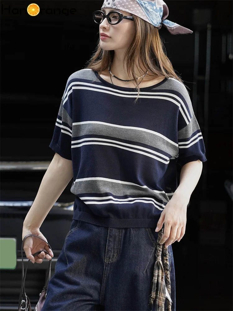 HanOrange 2026 Early Spring Contrasting Striped lyocell Knitted Short Sleeved T-shirt Women Top Tees Grey/Navy Blue