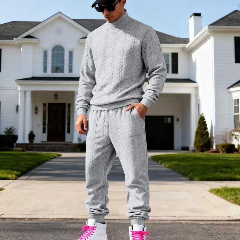 

Men's Textured Knit 2-Piece Set Casual Mock Neck Sweatshirt Jogger Pants Co-Ord Loungewear